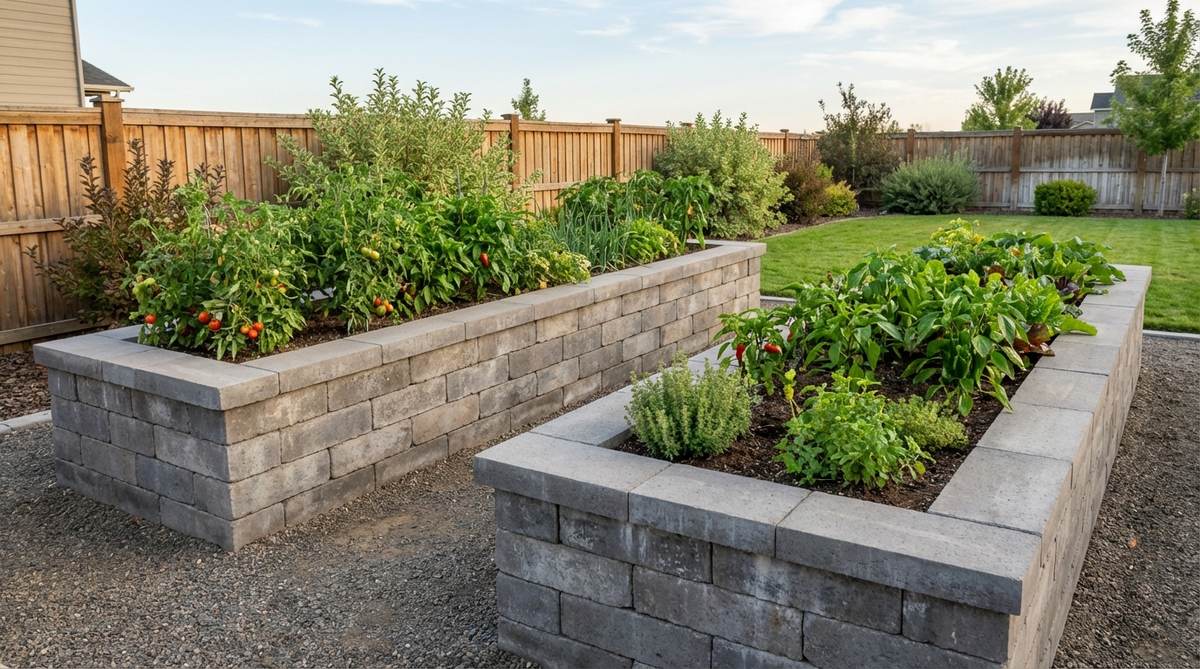 A modern garden bed featuring double-height vegetable boxes constructed from stacked concrete blocks, creating 18-inch raised beds that eliminate bending for elderly gardeners or those with mobility limitations. The design includes cap blocks for clean edges, with each 4x16-foot bed requiring 50 hollow blocks and 30 cap blocks. The thermal mass of concrete extends the growing season by absorbing daytime heat and releasing it at night.