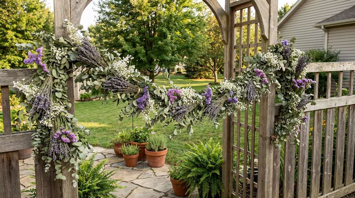 A beautiful dried floral garland made from eucalyptus, lavender, baby's breath, and statice, perfect for boho party decorations. This garland can be draped along tables, wrapped around posts, or hung across entryways for a natural, rustic look that lasts through multi-day events without wilting.