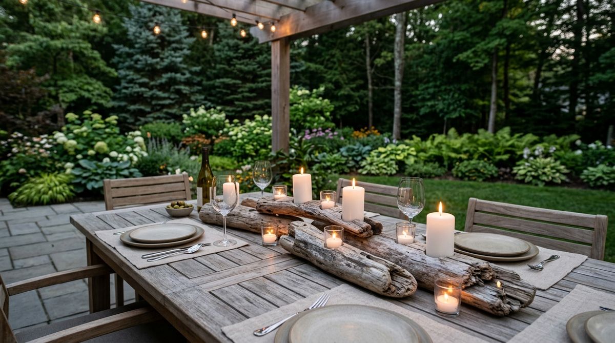 A collection of natural driftwood pieces transformed into rustic candle holders, featuring drilled depressions for pillar candles and glass votives. The weathered wood texture and soft candlelight create intimate ambient lighting perfect for outdoor dining areas and evening gatherings in garden settings.