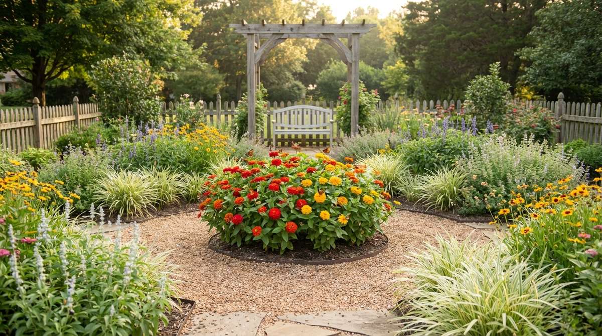 A vibrant close-up of a dwarf zinnia plant, showcasing its compact growth and fully double blooms in hot shades like red, orange, and yellow. The image highlights the plant's suitability for small gardens, with lush green foliage and butterflies attracted to the flowers, set against a sunny garden backdrop.