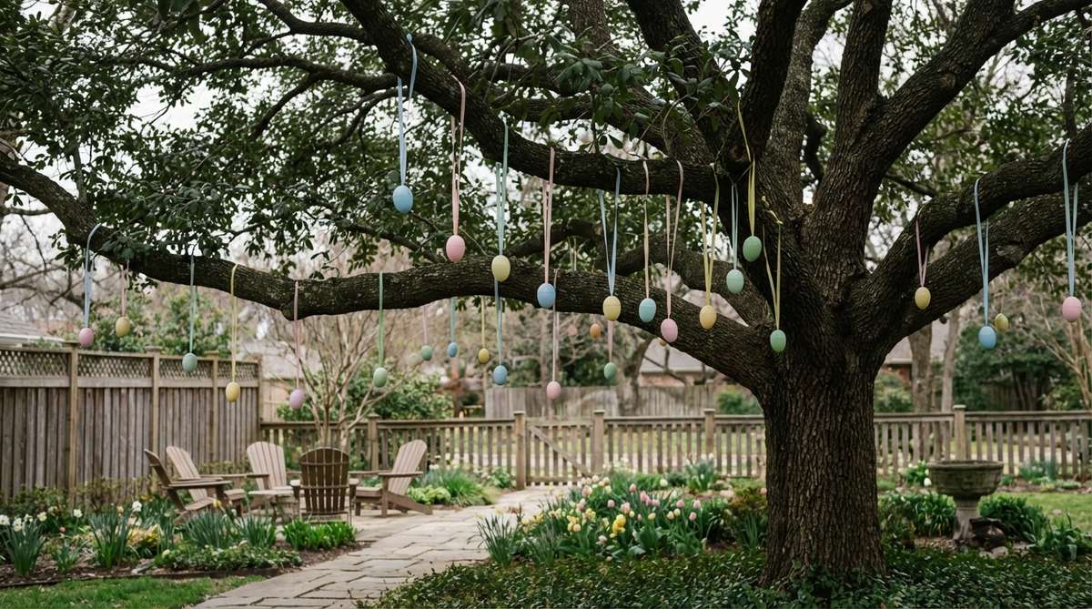 A tree decorated with pastel-colored plastic eggs hanging from branches using waterproof ribbon, creating depth and movement in an outdoor Easter display.