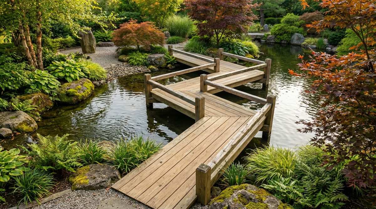 An elevated zigzag walkway in a zen garden, raised 12 to 18 inches above water level with pressure-treated post supports and low 10-inch rails on alternating sides for hand support, designed to withstand seasonal flooding and enhance air circulation.