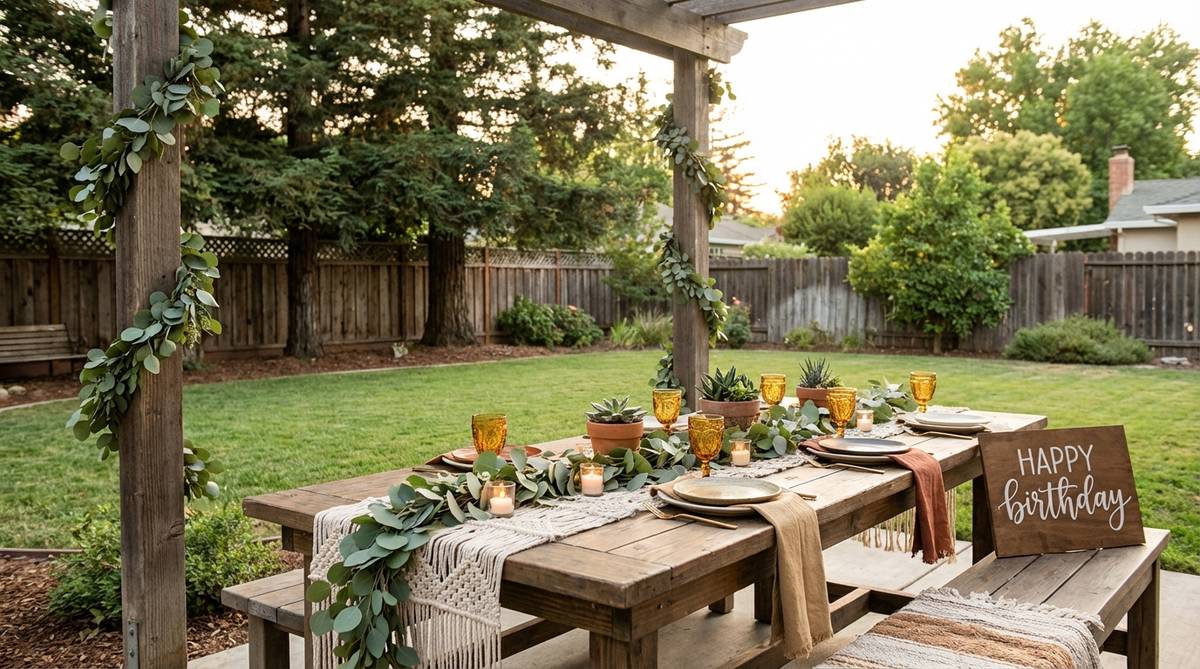 A boho decor birthday setup featuring fresh eucalyptus garlands draped along table edges, wrapped around support posts, and used as organic table runners. The silvery-green foliage adds subtle color and pleasant aromatics, with small votive candles or tea lights tucked within for evening ambiance, suitable for multi-hour events and preservation after the celebration.