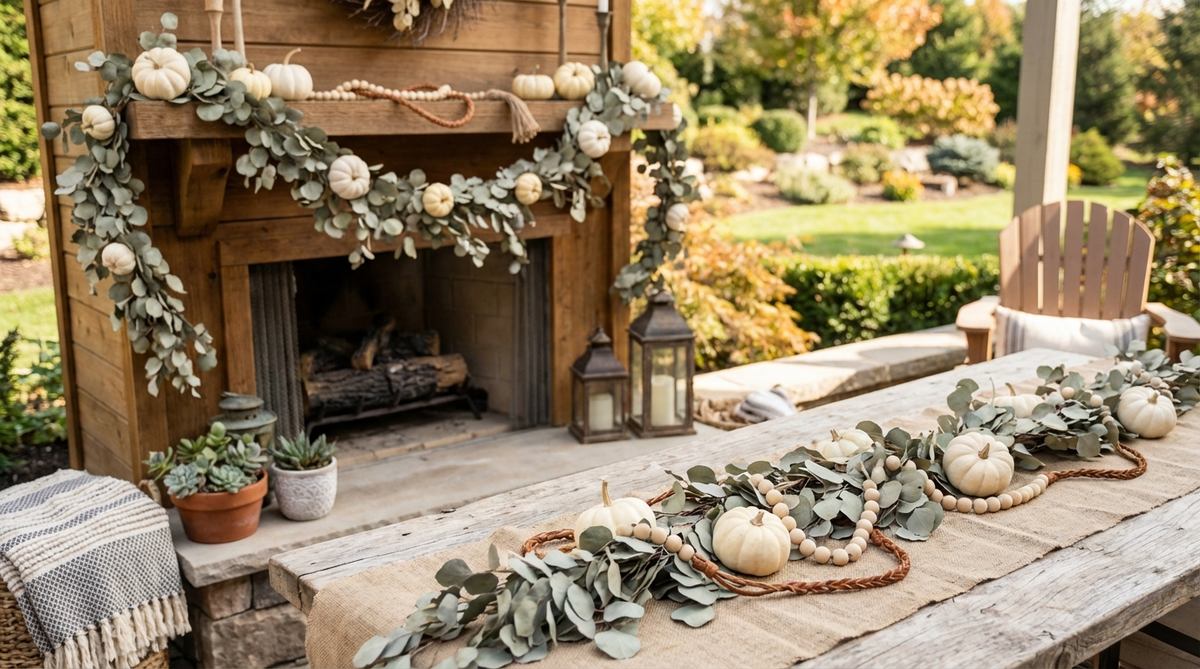 A bohemian Halloween decoration featuring a dried eucalyptus garland adorned with tiny white or cream mini pumpkins, secured with floral wire. The garland is draped across mantels, doorways, or table runners, showcasing muted green-gray eucalyptus and neutral pumpkin tones, enhanced with wooden beads or leather cord details for a boho aesthetic.