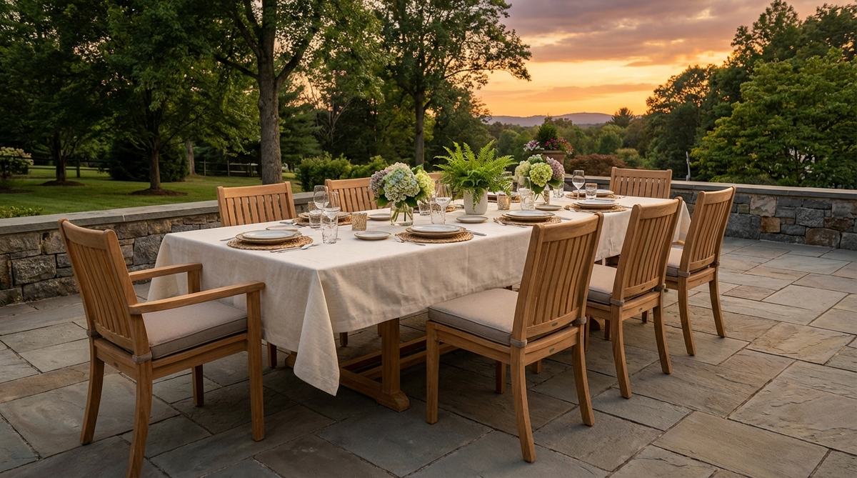 An extendable rectangular dining table positioned as the centerpiece for an outdoor decor party, set on level ground with weather-resistant linens and proper clearance for chairs and servers, capturing garden views or sunset sightlines.
