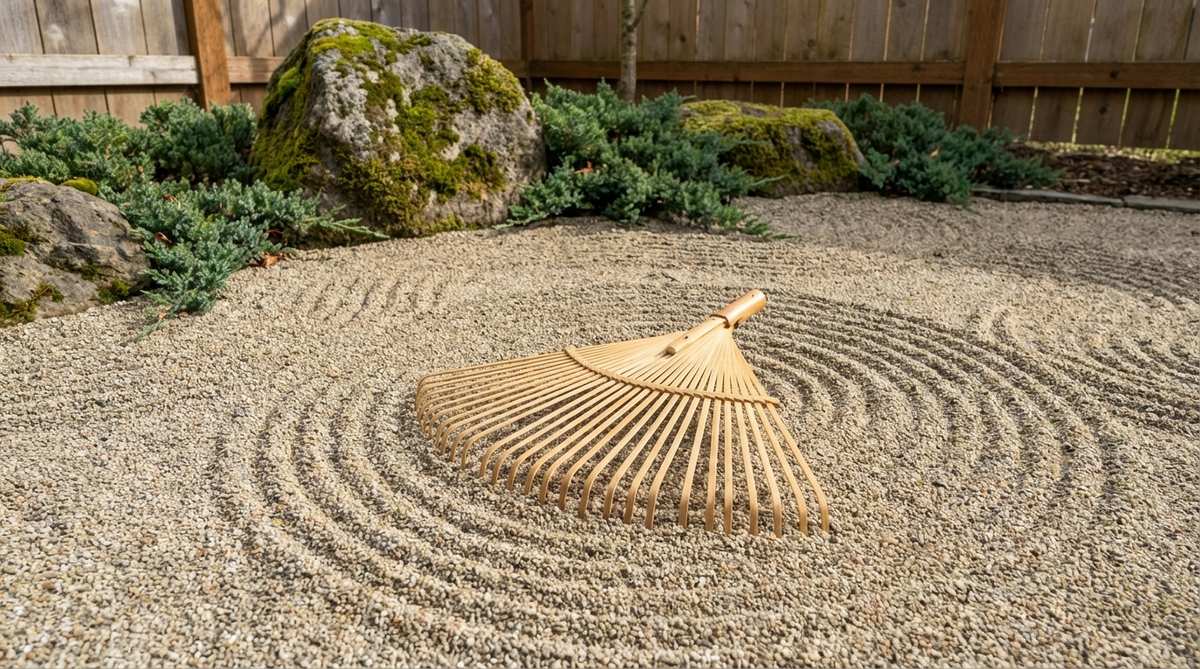 A fan-shaped mini rake with tines arranged in a radiating pattern, designed for creating concentric circles and arc patterns in zen gardens with fluid, meditative strokes.