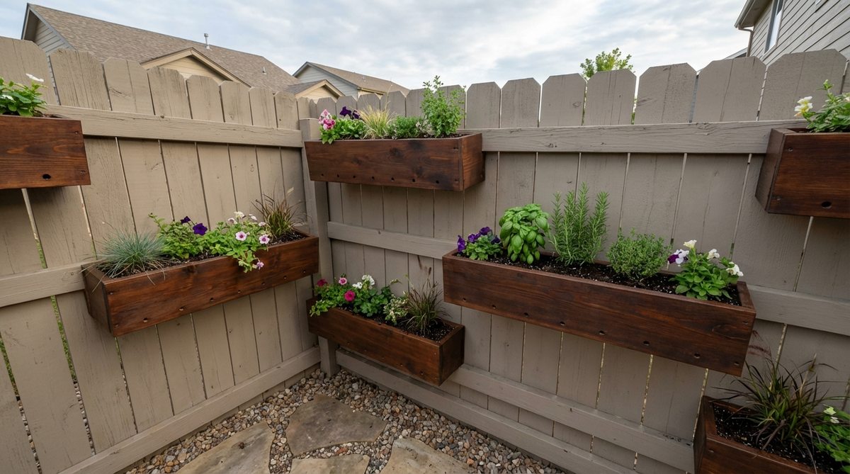 Custom planter boxes attached directly to fence rails, transforming vertical barriers into growing zones for compact plants in small garden backyards. The boxes are 6-8 inches deep with drainage holes, securely mounted to fence posts and filled with lightweight mix.