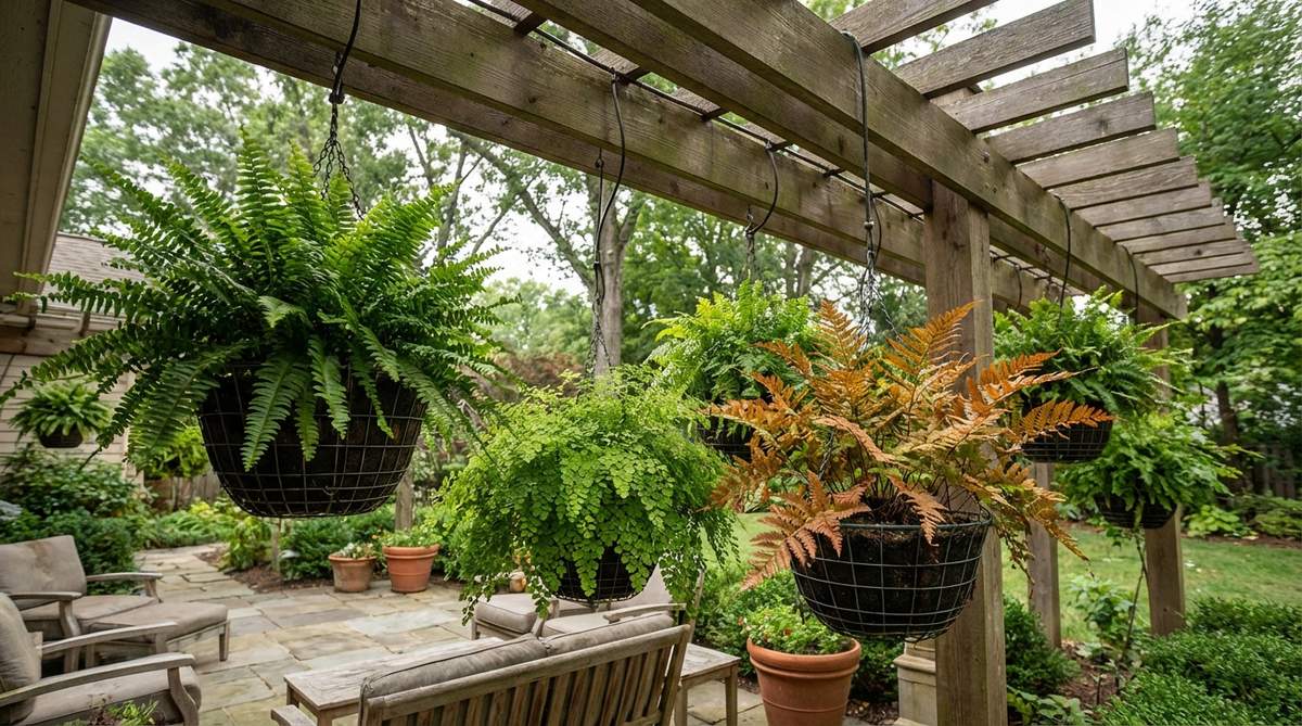A decorative outdoor hanging setup featuring shade-tolerant ferns like Boston, maidenhair, and autumn varieties in classic wire baskets, ideal for pergola sections with filtered light. The lush greenery softens architectural lines and helps filter dust, with maintenance tips for consistent moisture using drip irrigation or self-watering inserts.