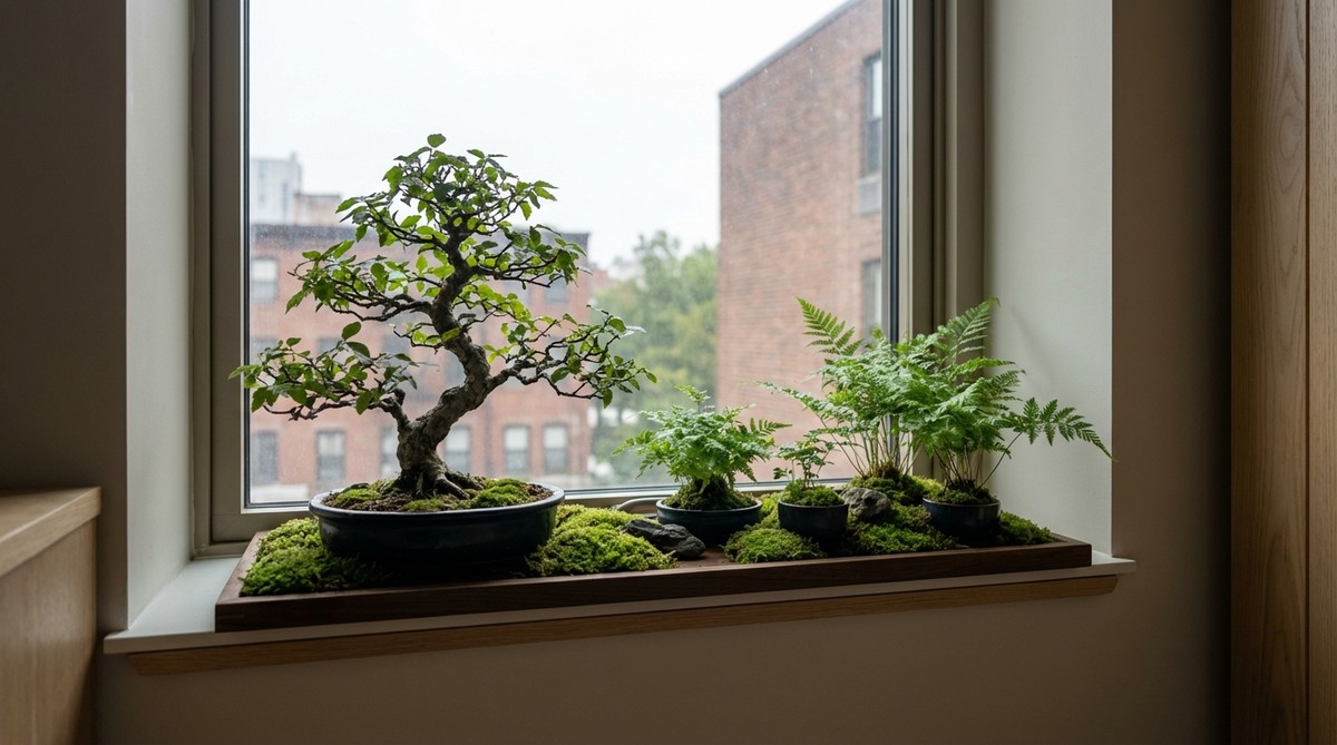 A serene zen garden display featuring a Korean Hornbeam bonsai paired with miniature ferns in a north-facing window setting. The composition shows delicate fern fronds contrasting with the bonsai's structured branches on a long wooden tray, with preserved moss filling spaces between pots to retain moisture and soften the appearance. This low-light combination thrives in urban apartments with limited sun exposure.