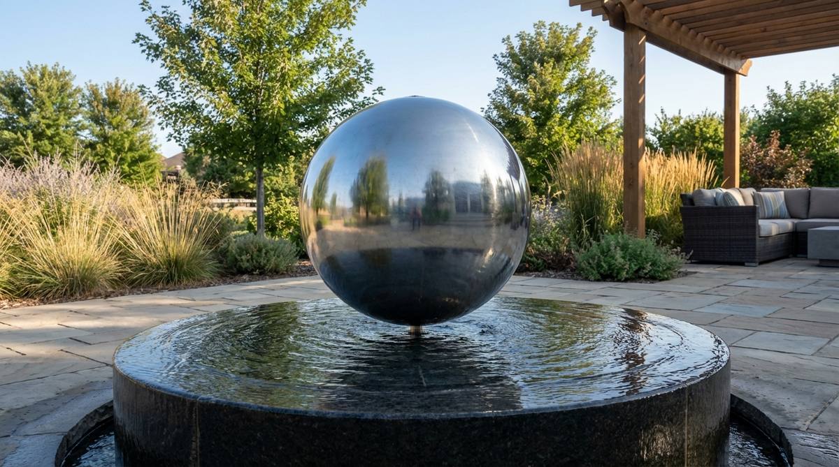 A contemporary garden fountain featuring a precision-engineered sphere that appears to float weightlessly on a water-cushion base. High-pressure water jets create a thin film allowing the sphere to rotate freely, moved by hand or wind, making it an interactive design ideal for public spaces or family gardens. This kinetic art piece combines modern sculpture with dynamic motion, creating ever-changing reflections and viewing perspectives, commonly found in science museums, shopping centers, and city squares worldwide.