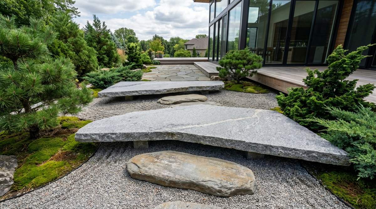 A modern Japanese rock garden featuring large flat stones that appear to hover above gravel beds, supported by hidden steel structures or minimal concrete pedestals. This design creates visual intrigue and Zen simplicity, with smooth stone surfaces suitable for meditation seating, blending art installation with garden functionality.