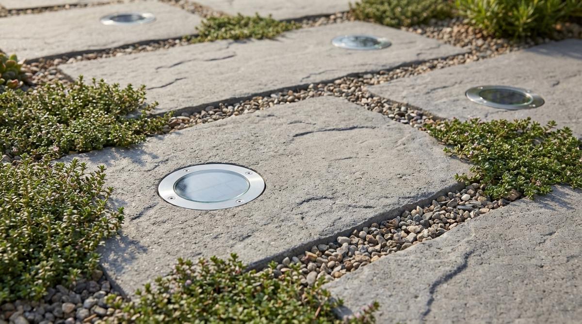 A close-up photo showing flush deck solar pavers installed between concrete pavers in an outdoor pathway. The low-profile solar discs sit flush with the surrounding surface, with their tempered glass lenses visible. The image demonstrates how these solar lights integrate seamlessly into hardscape without creating trip hazards, suitable for driveways and pathways.