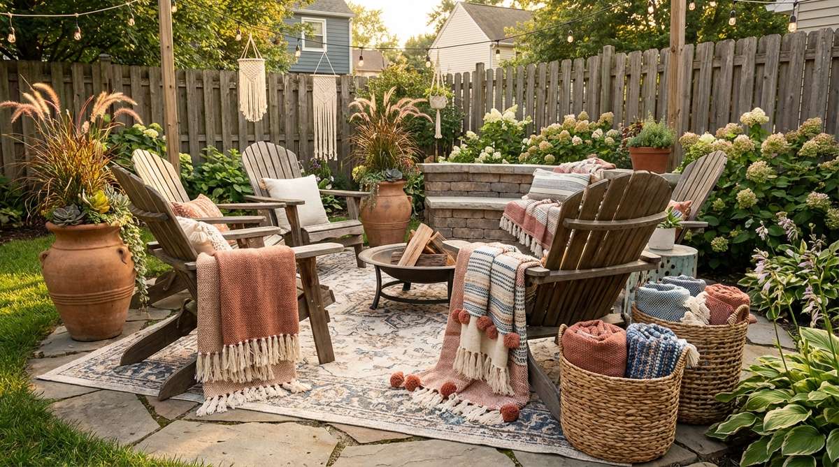 A boho garden scene featuring decorative fringed throw blankets draped over seating, with playful tassels adding movement and texture. The blankets are made from moisture-resistant acrylic or synthetic blends, casually arranged on chair backs or folded in baskets for evening comfort.