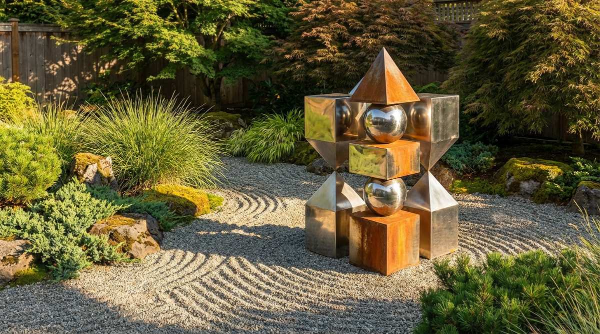 A contemporary stainless steel geometric sculpture featuring cube, sphere, and pyramid shapes, placed in a zen garden. The polished surfaces reflect surrounding vegetation, creating a visual contrast between industrial and natural elements. The sculpture is designed to catch sunlight for dramatic shadow effects across raked gravel, with weathering steel developing a warm rust patina over time.