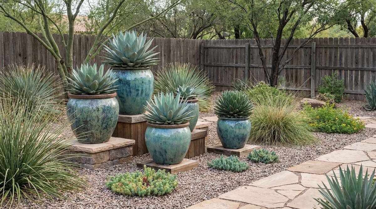 Oversized ceramic bowls in coordinating blue-green glazes showcase architectural agaves, including Agave parryi, Agave 'Blue Glow', and Agave victoriae-reginae, positioned at varying heights to soften gravel's angular texture and provide dramatic contrast in a gravel garden bed.