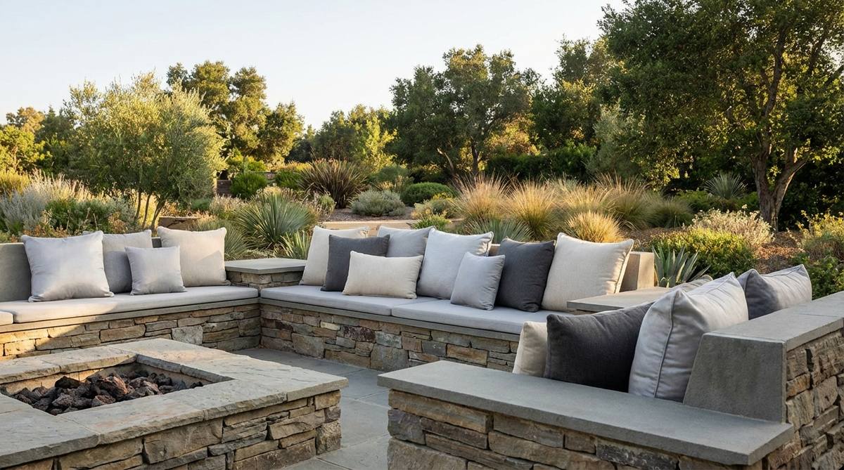 A collection of outdoor decor pillows in light gray and cream layered tones, arranged on stone patio furniture to create a sophisticated, year-round look with varying shades from pale silver to charcoal.