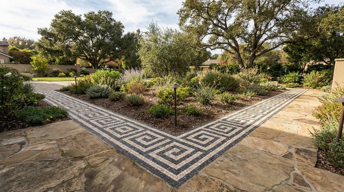 A classical Greek key border pattern in stone mosaic, featuring interlocking rectangular spirals that create a continuous geometric design. This ancient motif frames larger mosaic areas or defines garden edges with precise right-angle turns, ideal for Mediterranean-style gardens and modern landscapes.