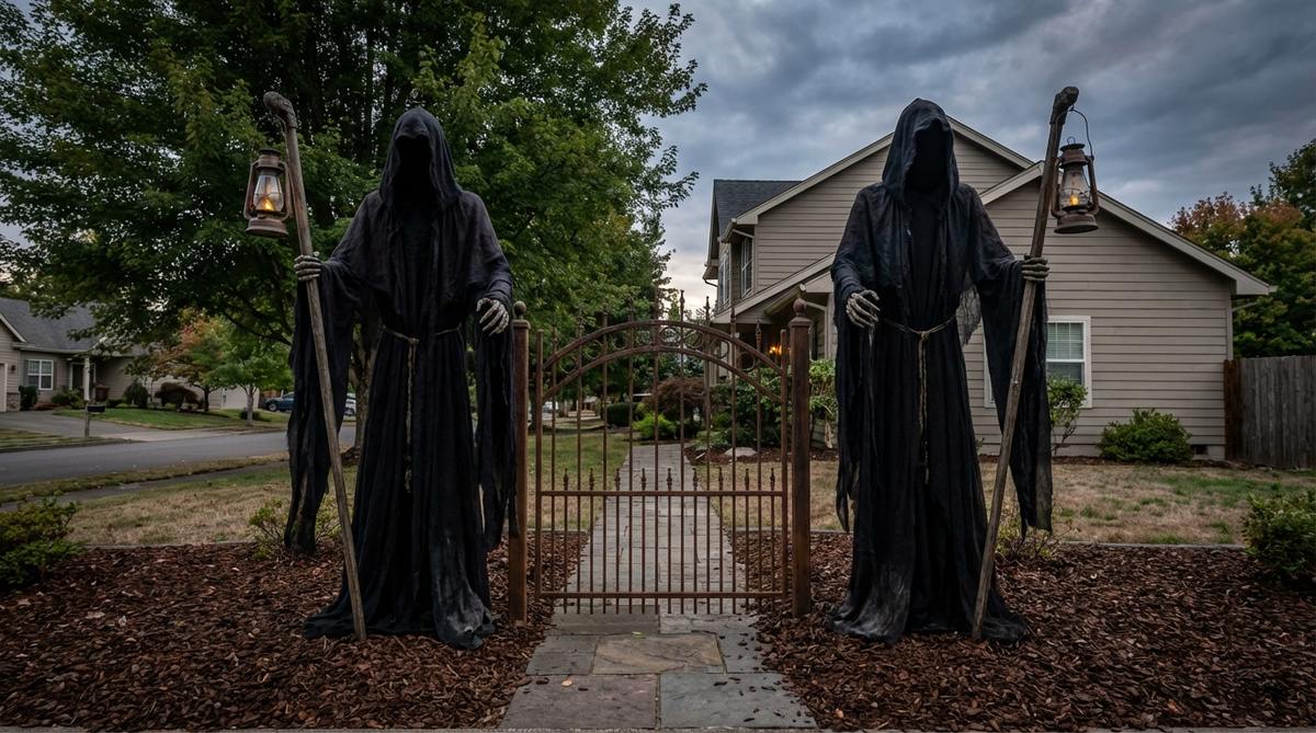Towering grim reaper figures flanking a front gate as Halloween outdoor decor, featuring flowing robes and hoods to create dramatic vertical lines. Includes staff-mounted lanterns or scythes for visibility after dark, set against darker mulch to highlight silhouettes and ensure proper spacing for pedestrian areas.