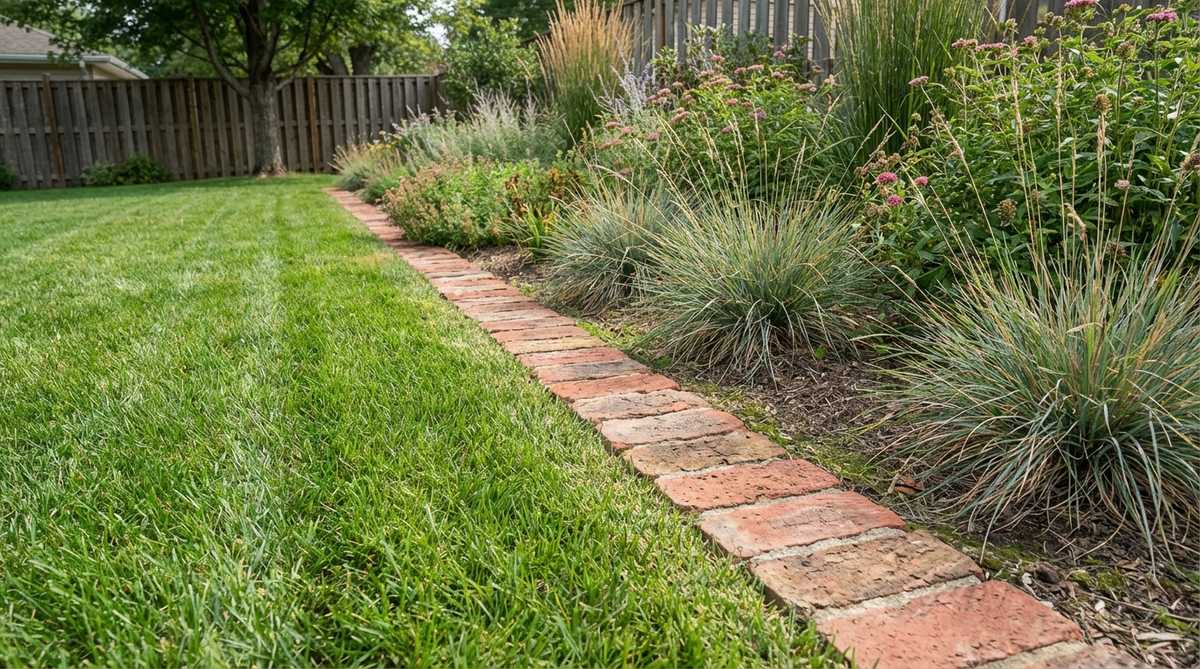 A low-profile garden border created with bricks installed flush at ground level, showing only their top surfaces visible. This subtle edge definition technique allows lawn mower wheels to traverse easily during maintenance while providing functional separation between grass and planting zones. The narrow brick width serves as an effective root barrier without creating vertical obstacles, suitable for English garden styles and prairie-inspired landscapes.