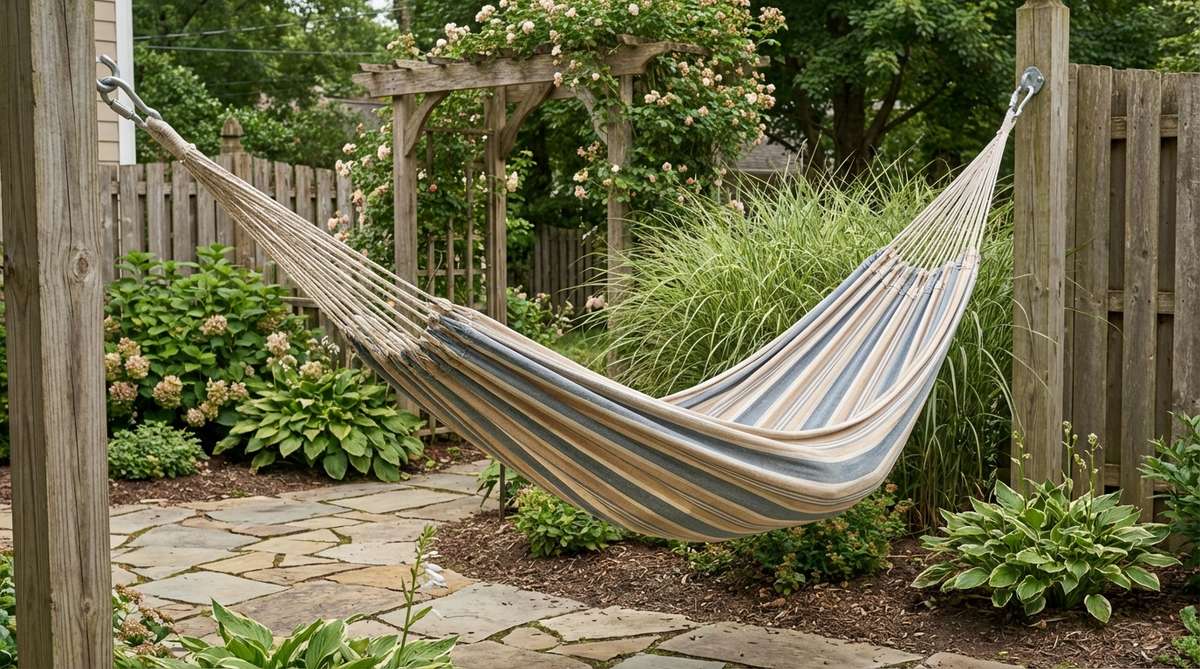 A compact hammock strung diagonally between two sturdy corner posts or trees in a cozy garden setting, providing suspended seating with no furniture footprint. Shows Brazilian-style for deep recline or Mayan-style for breathability, with quick-release hooks for easy seasonal removal.
