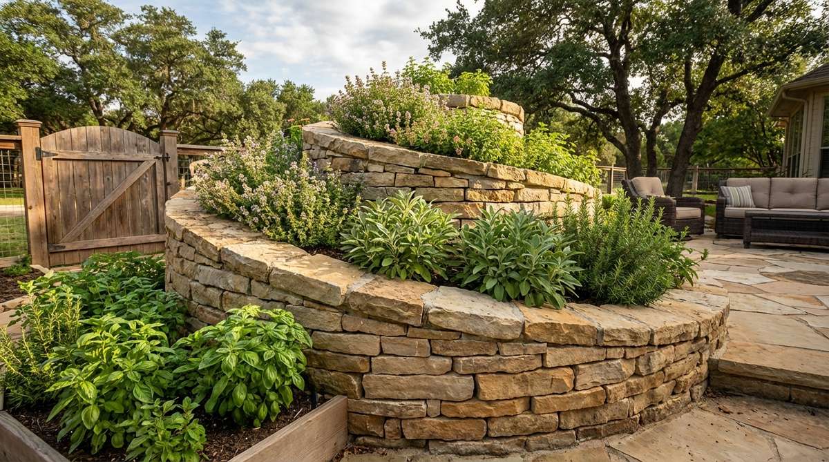 A spiral stone wall garden feature creating multiple microclimates for Mediterranean herbs. Thyme and oregano at the top, sage and rosemary mid-level, and basil at the base, demonstrating efficient space use in compact garden areas.