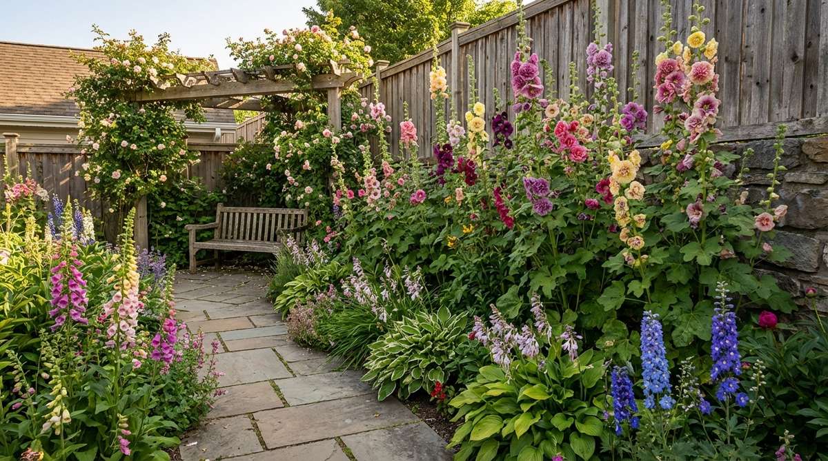 Tall hollyhock flowers with ruffled blooms creating a dramatic backdrop in a small cottage garden, positioned along a fence or wall.