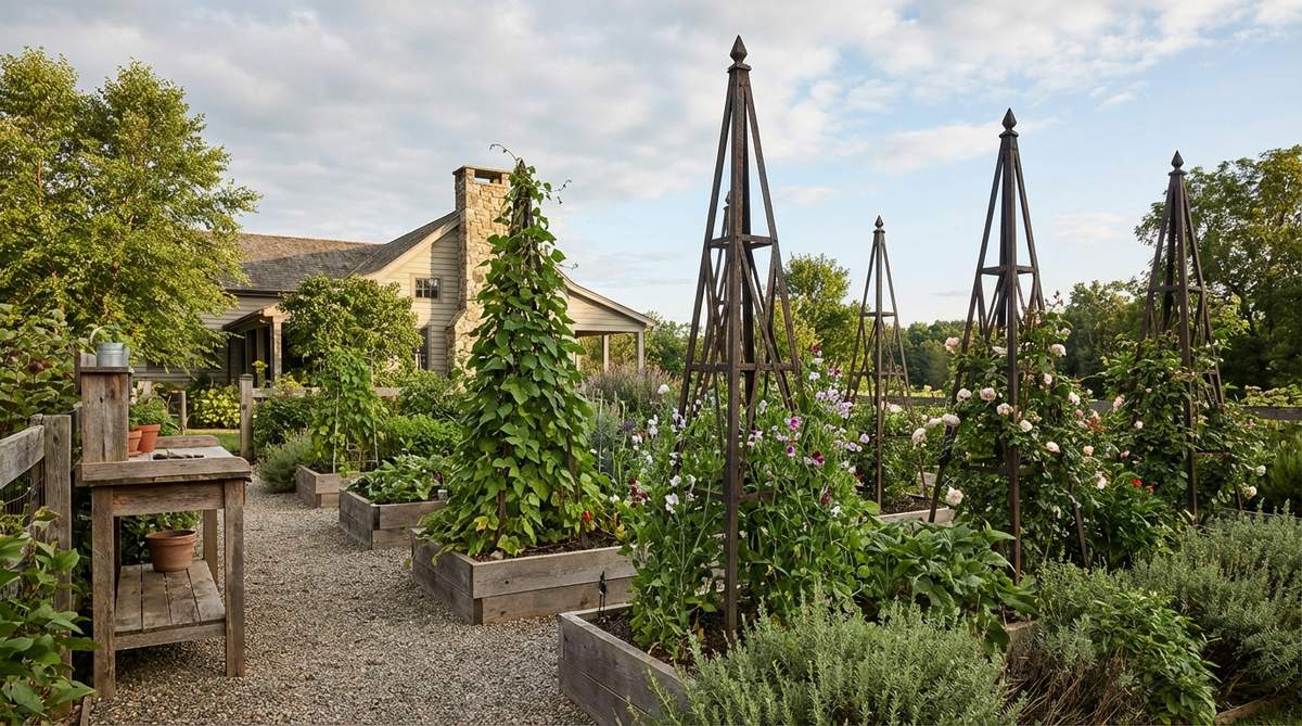 Tall pyramid-shaped iron obelisk plant supports providing vertical structure for climbing vegetables and flowers in a rustic outdoor garden setting. The dark metal geometric forms contrast beautifully with organic plant growth while adding height to vegetable beds and perennial borders.