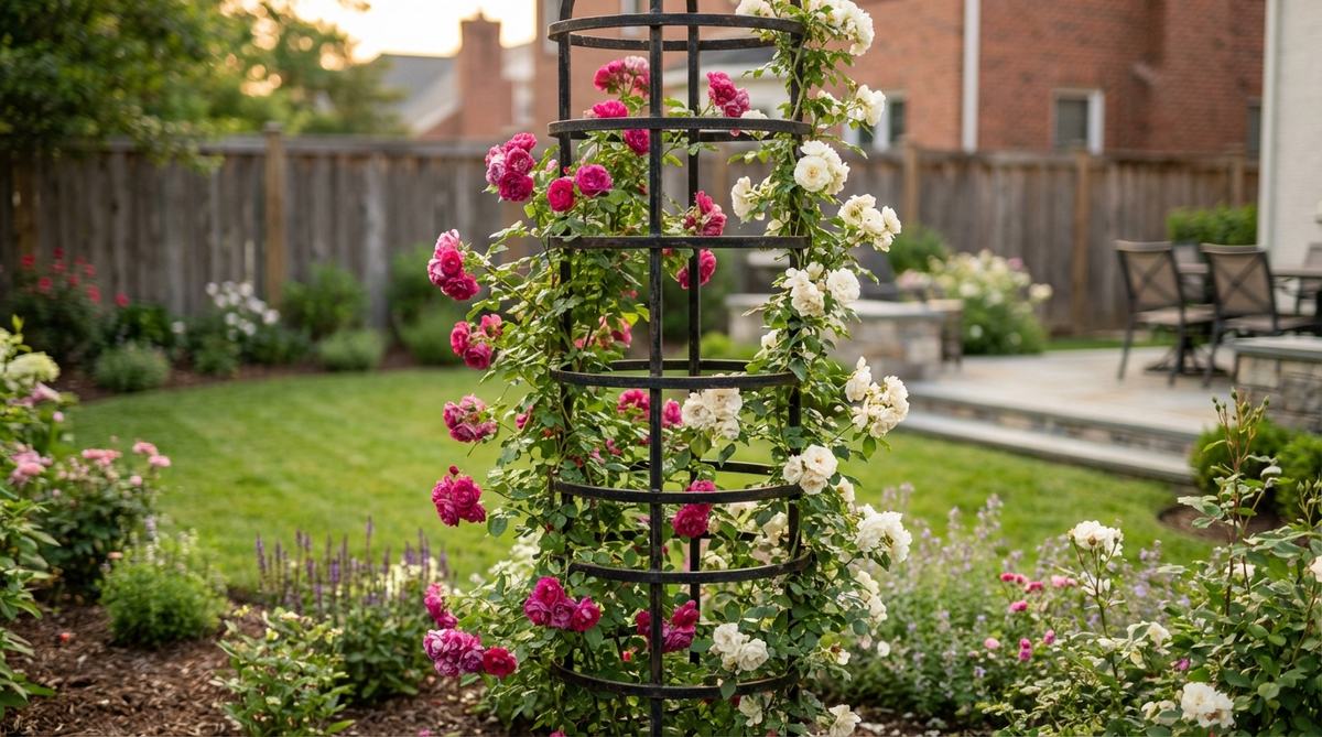 A vertical iron pillar with horizontal rings at 12-inch intervals, designed to guide climbing roses into columnar forms. This garden decor metal structure distributes cane weight and encourages flowering along the entire height, ideal for formal rose gardens or as vertical accents in mixed borders. It suits smaller gardens by containing sprawling climbers and can be trained in spiral patterns for maximum bloom coverage, with durable iron construction that withstands weight without bending.