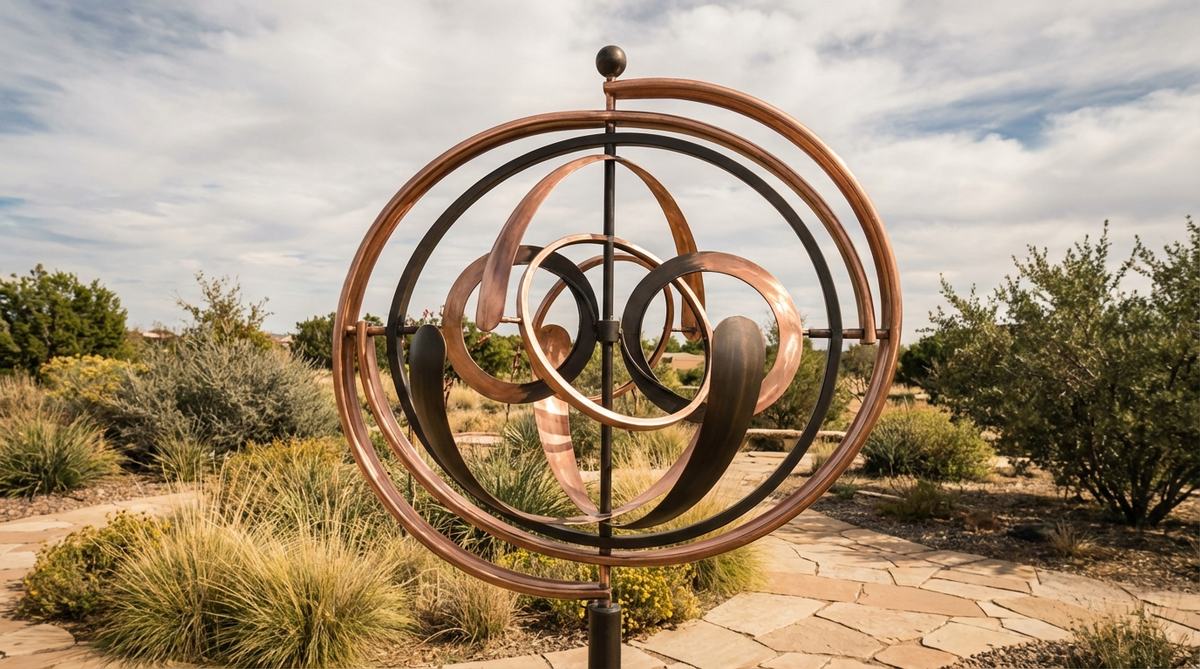 A kinetic wind sculpture with balanced metal elements rotating gracefully on precision bearings in response to gentle breezes. Made from copper, bronze, or powder-coated steel components that catch light differently as they turn, creating perpetual motion displays. Designed by engineers with carefully calculated weight distribution and bearing placement for smooth, silent movement without component collision. Positioned in an open garden area with consistent airflow to maximize rotation.