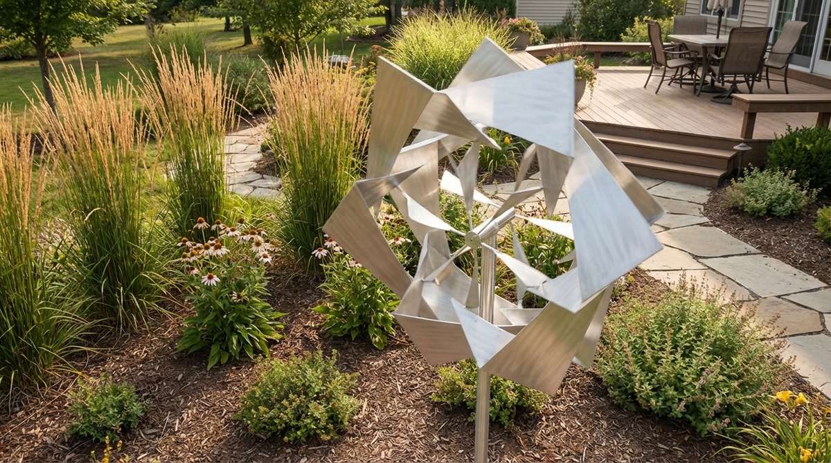 A kinetic wind sculpture made of brushed aluminum or weathering steel, gracefully rotating on a central pivot in response to a gentle breeze. Positioned in an open garden area with consistent airflow, it stands 4-8 feet tall, adding dynamic motion to static plantings and requiring minimal maintenance due to its durable ball-bearing mechanism.