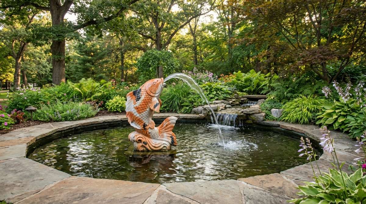 A stone koi fish fountain carved with flowing fins and scaled body, often in polished granite tones like orange, white, or black, depicting a leaping pose with water emerging from its mouth. Ideal as a pond centerpiece or along waterfalls, adding vitality and sensory dimension to garden spaces.