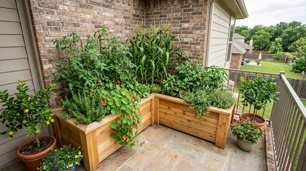 An L-shaped raised bed design for balcony gardens, wrapping around two perpendicular walls to create generous growing zones for vegetables and herbs, with taller crops at the back corner and trailing plants along the edges, ideal for optimizing space and supporting deep root systems.