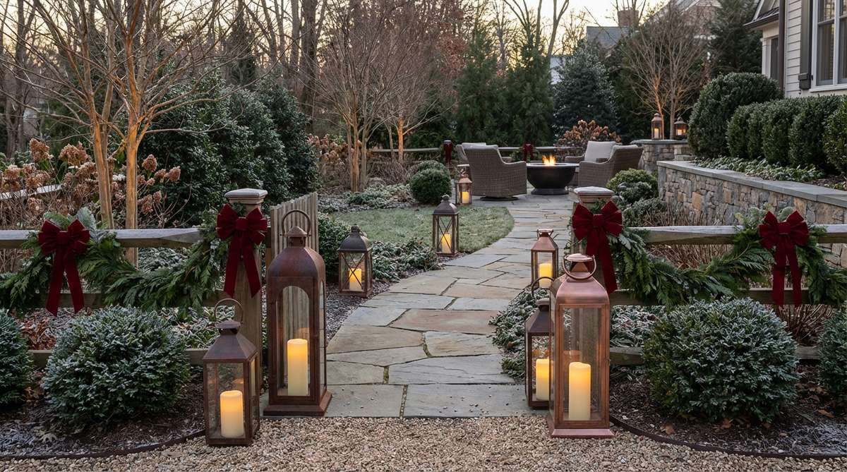 A garden pathway illuminated by battery-operated lanterns in varying heights, featuring metal lanterns with warm white LED candles, evergreen swags, and red ribbon bows for vintage charm and ambient lighting.