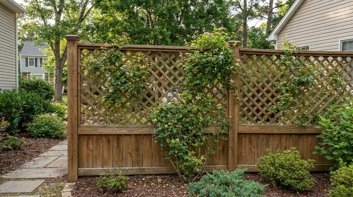 A lattice panel boundary fence featuring diagonal wood strips forming diamond patterns, ideal for small gardens. This design filters views while supporting climbing plants, providing privacy through pattern density rather than solid barriers. Mounted on solid base sections for ground-level privacy with upper lattice sections admitting light and maintaining visual connections to surrounding landscapes. Perfect as a base for flowering vines that enhance privacy gradually while adding seasonal color and texture to garden boundaries.