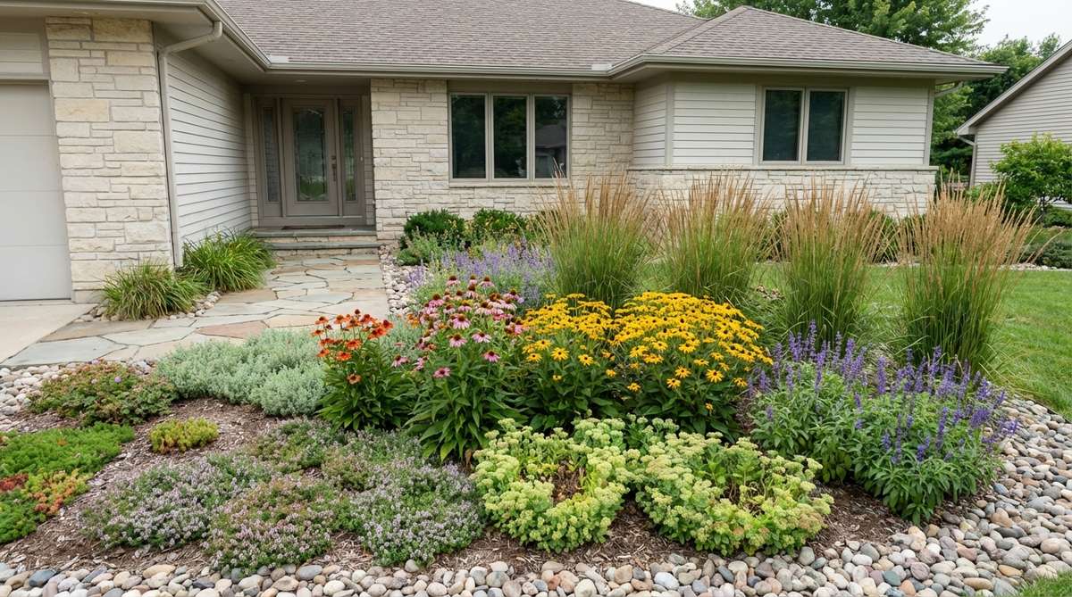 A modern front yard garden showcasing a layered foundation replacement design, featuring groundcovers, perennials, and ornamental grasses in progressive heights to create depth and improve home visibility.