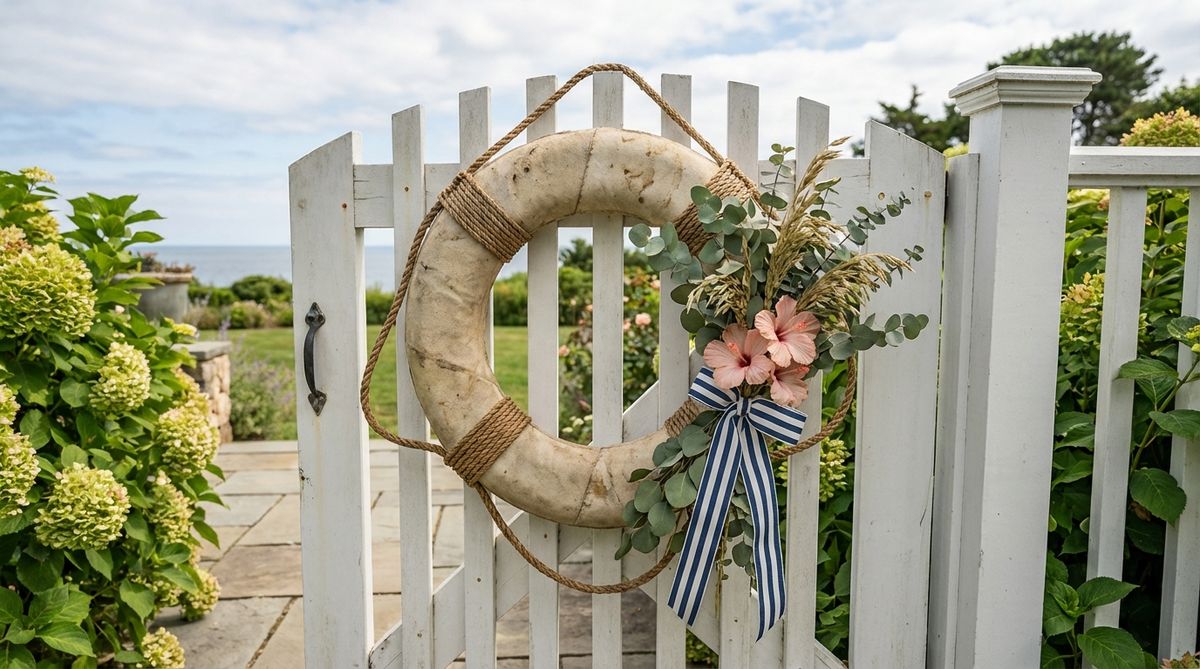 A nautical-themed life ring wreath decorated with fresh greenery, dried sea grasses, or tropical flowers, perfect for coastal-style outdoor decor on doors, gates, or fences during summer.