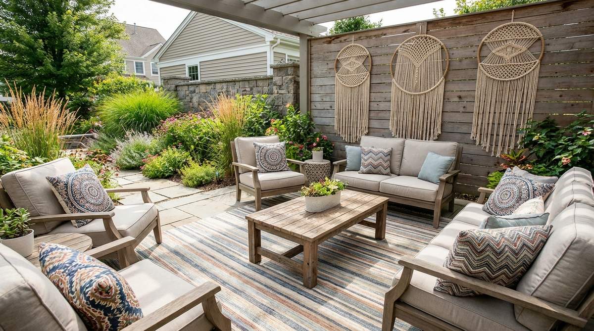A boho-style interior showcasing the balance between linear patterns like stripes and zigzags with circular designs such as medallions and mandalas. Features a striped dhurrie rug, mandala-printed cushions, and circular macramé wall hangings to create visual movement and harmony.