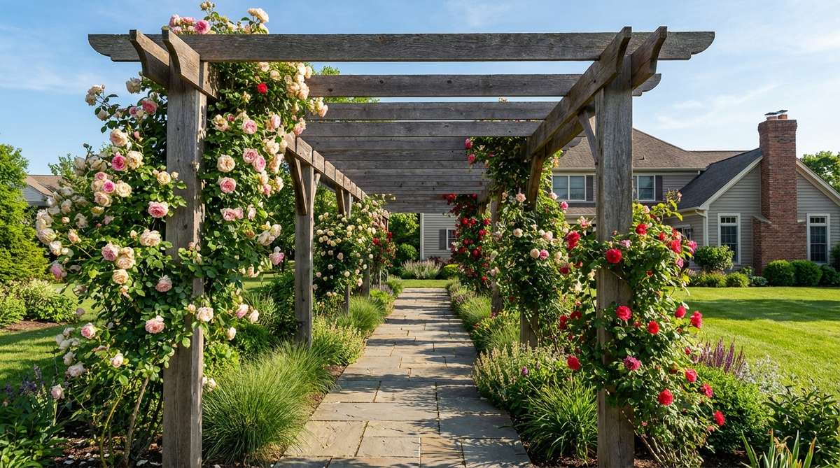 A straight pergola with upright posts and connecting beams, forming a shaded corridor beneath climbing roses. The structure defines a clear pathway through the garden, with roses trained along beams and overhead rafters, creating blooms above head height.