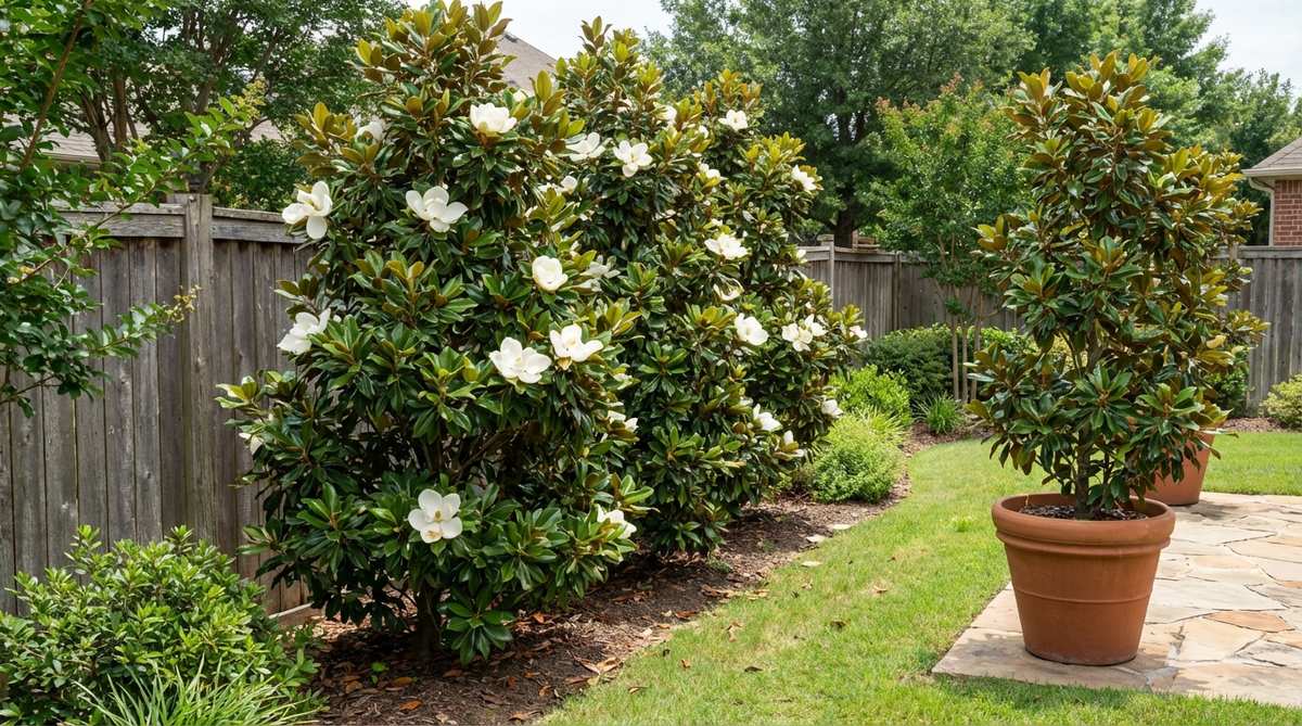 A compact evergreen Little Gem Magnolia tree with large creamy white flowers and glossy green leaves, ideal for small gardens as a privacy screen or container plant in zones 7-10.