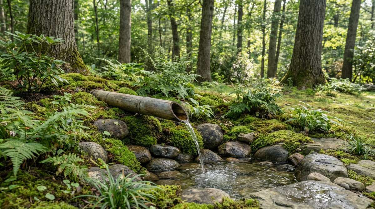 A traditional Japanese garden water feature showing a low-profile ground-level spout emerging just inches above the earth, creating the illusion of natural spring water. The buried bamboo trunk maintains authentic aesthetics while blending seamlessly with moss gardens and fern groves in a naturalistic setting.
