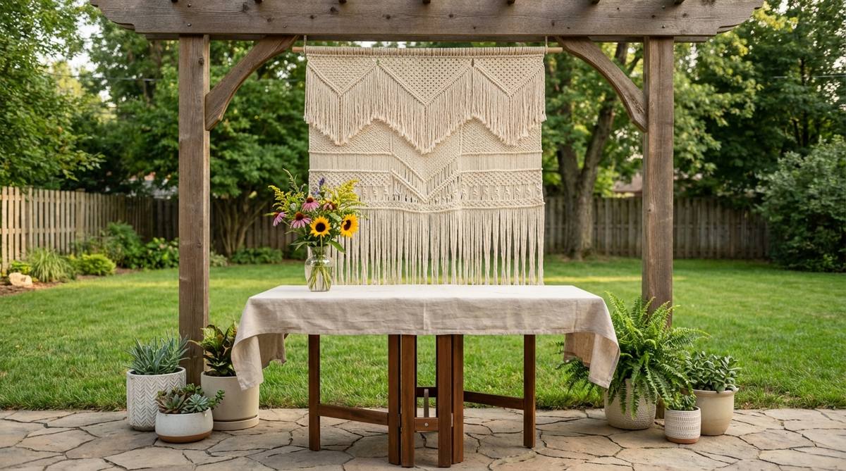A large boho macrame wall hanging positioned behind a wedding gift table, creating a visual anchor that draws attention upward and defines the functional space. The vertical element elevates simple folding tables with intentional styling, complemented by a small vase of wildflowers on the table connecting to the overall floral scheme.