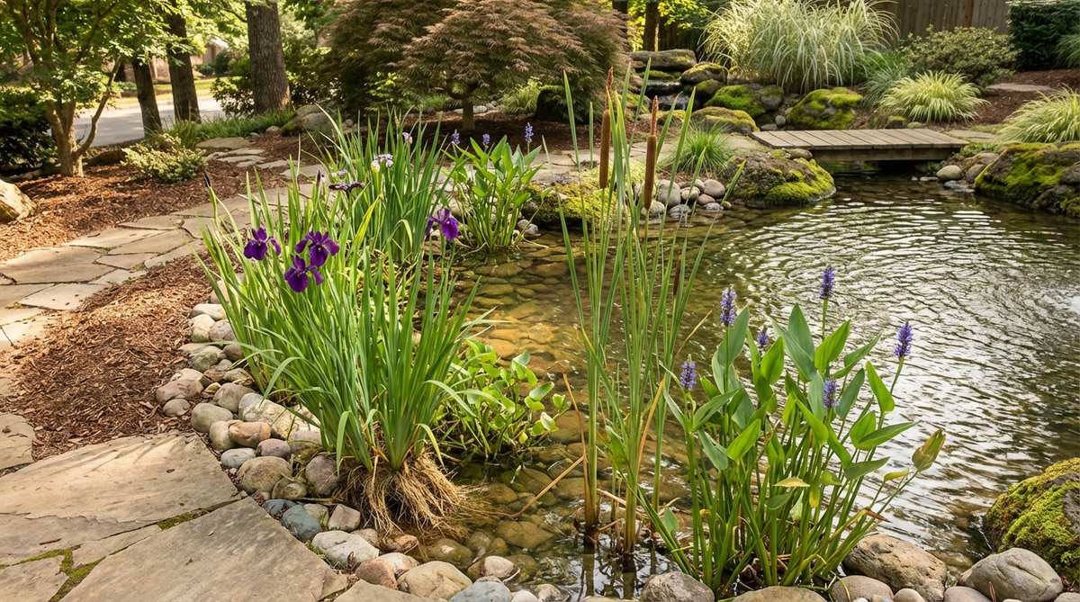 A close-up view of a marginal plant filtration ring in a Japanese garden pond, featuring water iris, cattails, and pickerel rush planted along the shallow perimeter. The plants' robust root systems filter water as it circulates, stabilizing banks, preventing erosion, and creating a natural transition from land to water, with vertical growth adding height variation to the composition.