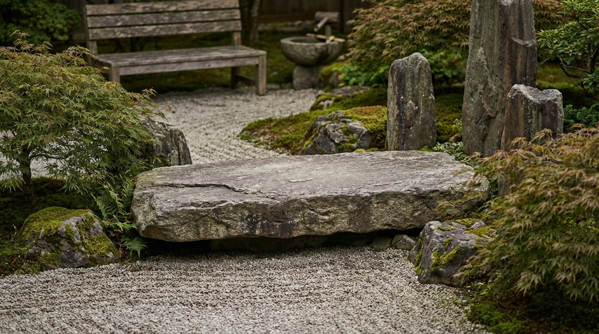 A large flat granite meditation stone platform called 'zazen-seki' in a Japanese Zen garden, positioned horizontally to contrast with vertical stones and facing the primary viewing direction for seated meditation practice.