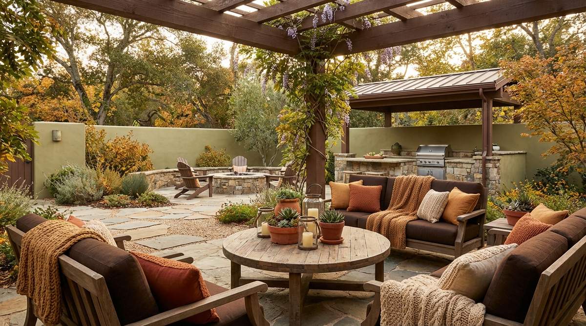 A cozy family room decorated with mellow olive walls, tobacco brown wooden furniture, and rustic amber accents in textiles and decor, showcasing earthy tones for an elegant yet inviting space.