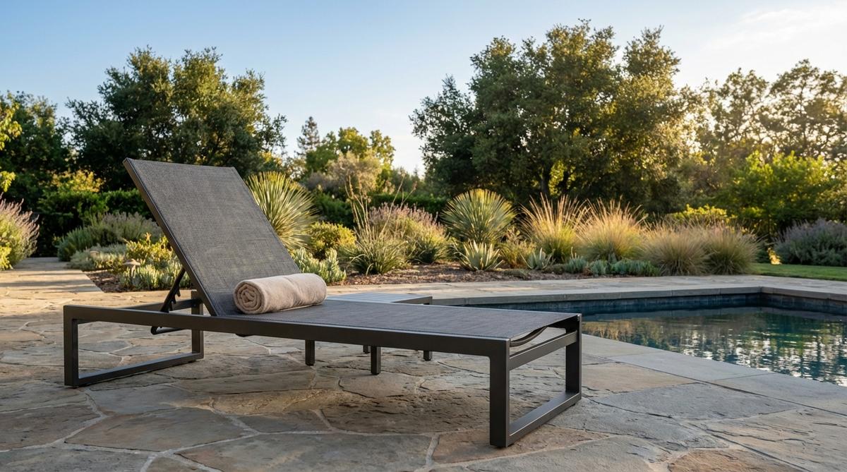 A breathable mesh back lounger with open weave construction that prevents heat buildup, allows water drainage, and provides firm support for relaxed outdoor seating in gardens or poolside areas.