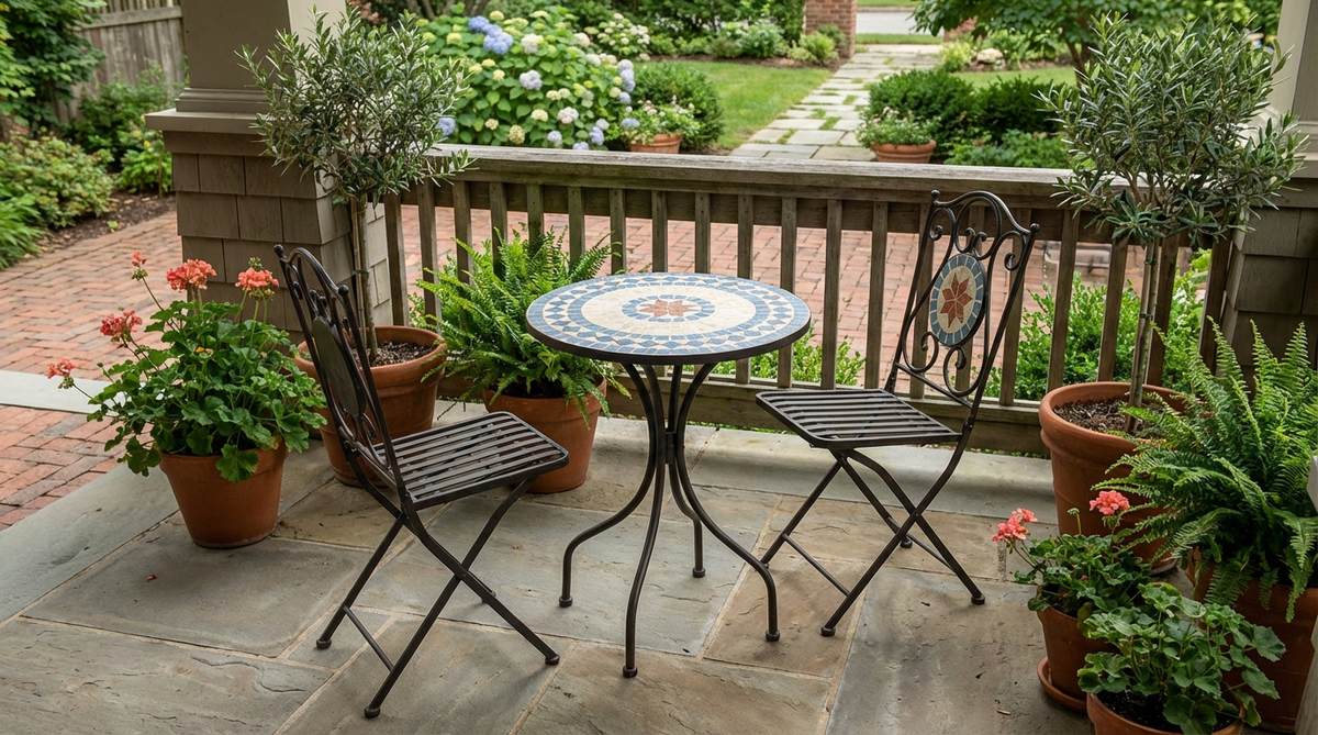 A compact metal bistro set with a cafe-style table and two chairs, ideal for small porches. Features durable wrought iron or powder-coated steel finishes that withstand weather exposure, with elegant profiles. Includes folding options for easy storage and decorative mosaic or glass table tops for added visual interest.