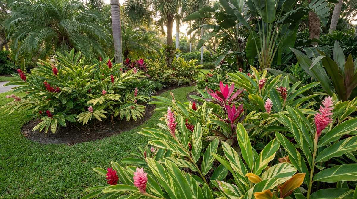 A lush tropical garden showcasing mid-height gingers, such as red ginger and shell ginger varieties, bridging the canopy and ground layers. The image features clusters of gingers with vibrant blooms and broad foliage, positioned irregularly among planting beds to create a natural distribution. Variegated forms add cream and gold accents, enhancing shaded zones in the garden design.