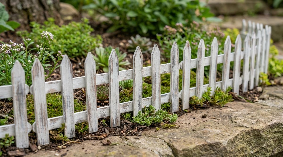 A close-up photograph of a handmade miniature white picket fence made from wooden craft sticks, installed along the border of a fairy garden. The fence sections have pointed tops and are painted with outdoor white acrylic, with weathered gray and brown dry-brush accents to suggest age. The fence separates garden zones and protects delicate plantings, enhancing the fairy garden aesthetic with rustic charm.
