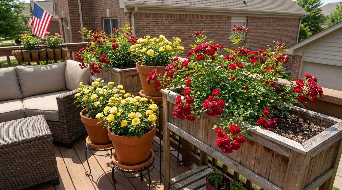 Compact miniature rose varieties like 'Red Cascade' and 'Lemon Drop' blooming in containers on a sunny balcony, showcasing classic rose blooms in red and yellow tones with proper drainage and air circulation.