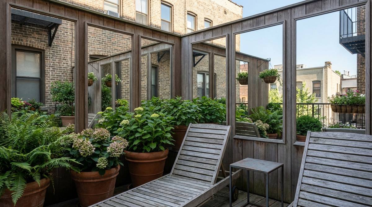 Outdoor-rated mirror panels designed for balcony decor, strategically placed to expand visual space by reflecting sky, plants, and architectural details. These panels double the apparent garden size, especially effective in narrow balconies, and increase ambient light in shaded areas to benefit nearby plants. Framed to protect edges from moisture and positioned to reflect attractive views, they require monthly cleaning to maintain clarity and reflective properties.